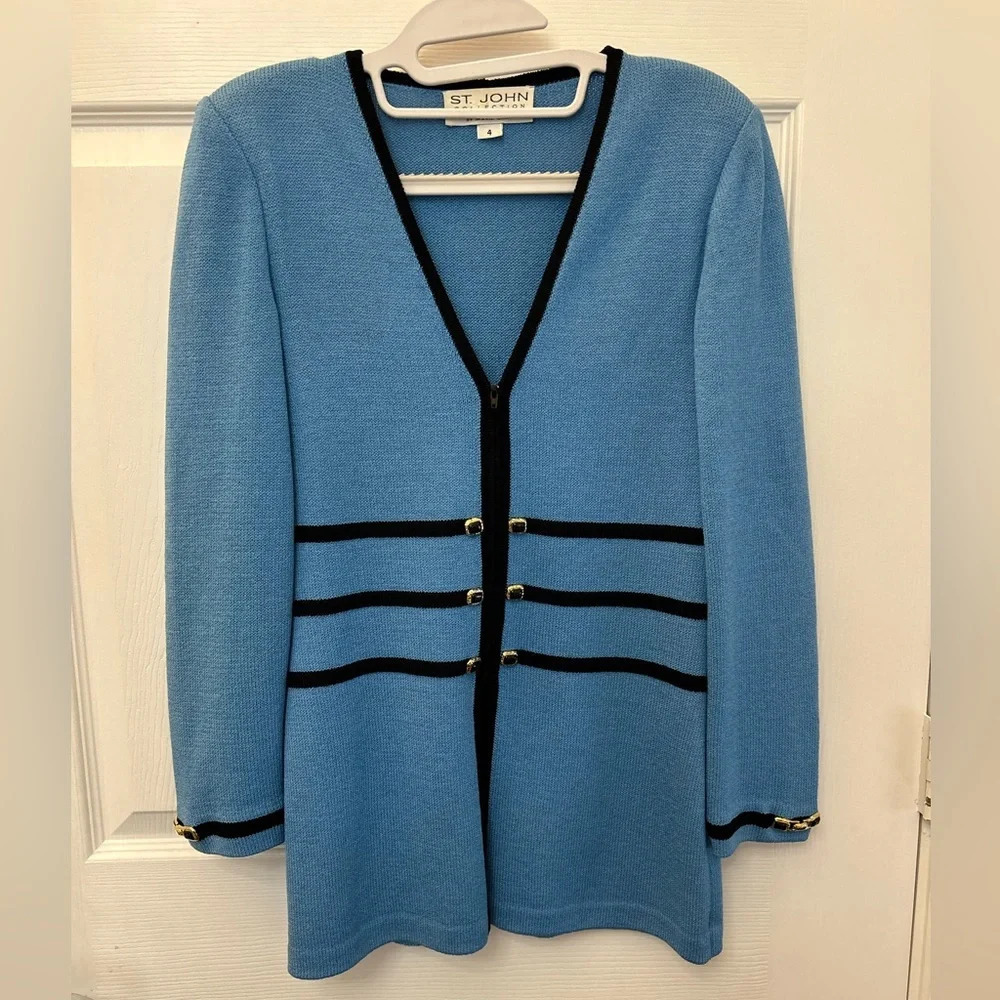 ! St. John Collection Knit Blazer Blue Black Wool Blend Zip Up sz4